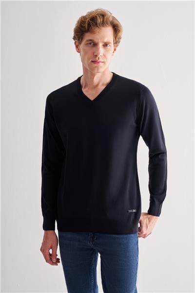 Lacivert V Yaka Uzun Kol Cepsiz Comfort Fit Classic Yünlü Triko Kazak 1012255002