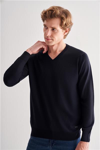 Lacivert V Yaka Uzun Kol Cepsiz Comfort Fit Classic Yünlü Triko Kazak 1012255002