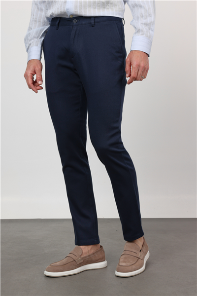 Lacivert Yan Cep Düz Paça Armürlü Slim Fit Pamuklu Chino Pantolon 1003260161