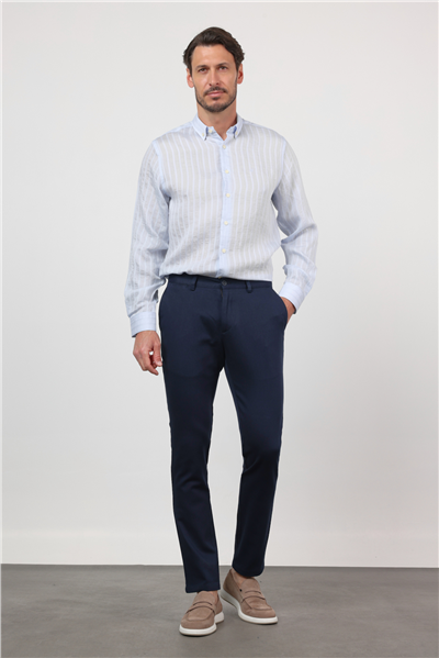 Lacivert Yan Cep Düz Paça Armürlü Slim Fit Pamuklu Chino Pantolon 1003260161