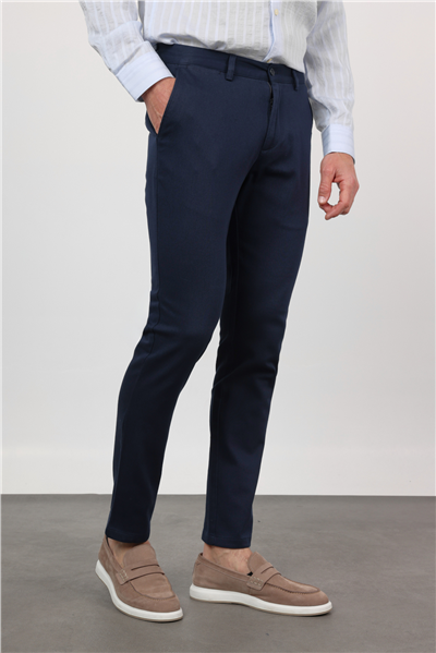 Lacivert Yan Cep Düz Paça Armürlü Slim Fit Pamuklu Chino Pantolon 1003260161