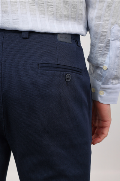 Lacivert Yan Cep Düz Paça Armürlü Slim Fit Pamuklu Chino Pantolon 1003260161