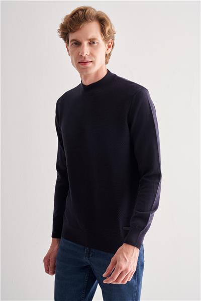 Koyu Lacivert Yarım Balıkçı Yaka Uzun Kol Cepsiz Comfort Fit Classic Pamuklu Triko Kazak 1012255208