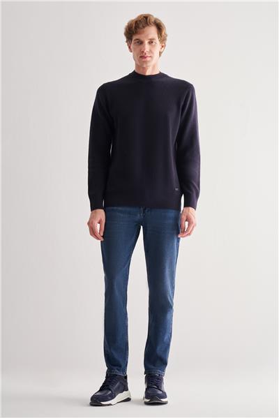 Koyu Lacivert Yarım Balıkçı Yaka Uzun Kol Cepsiz Comfort Fit Casual Pamuklu Triko Kazak 1012255203