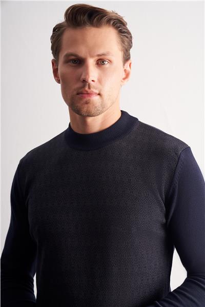 Koyu Lacivert Yarım Balıkçı Yaka Uzun Kol Cepsiz Comfort Fit Pamuklu Triko Kazak 1012255219