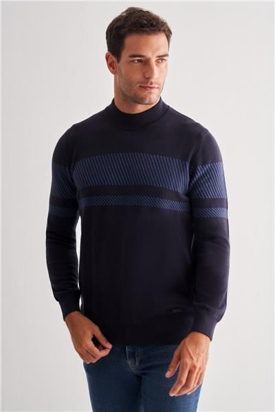 Koyu Lacivert Yarım Balıkçı Yaka Uzun Kol Cepsiz Comfort Fit Pamuklu Triko Kazak 1012255213