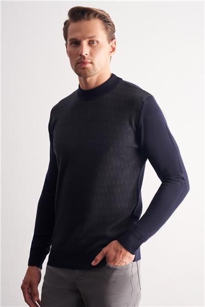 Koyu Lacivert Yarım Balıkçı Yaka Uzun Kol Cepsiz Comfort Fit Pamuklu Triko Kazak 1012255219