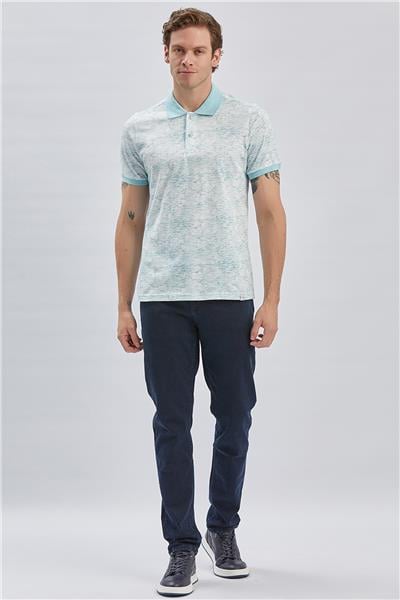 Koyu Mavi Baskılı Pike Polo Yaka Garnili %100 Pamuk Casual Slim Fit Dar Kesim Tişört 1011240157