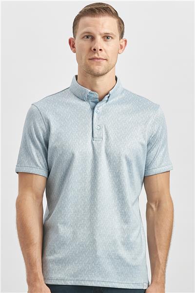 Koyu Mavi Desenli Merserize Düğmeli Yaka Pamuklu Casual Slim Fit Dar Kesim Tişört 1011240163