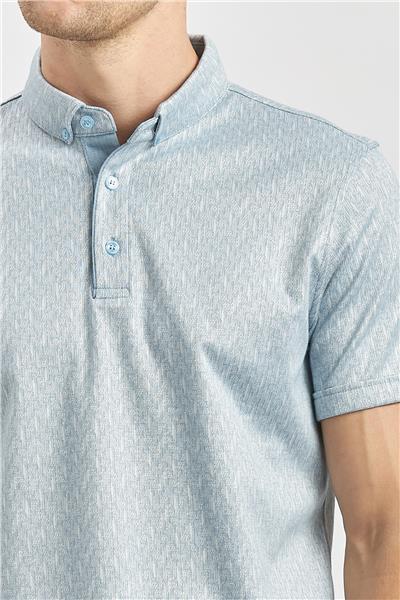 Koyu Mavi Desenli Merserize Düğmeli Yaka Pamuklu Casual Slim Fit Dar Kesim Tişört 1011240163