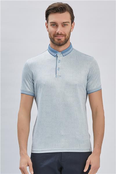Koyu Mavi Desenli Merserize Düğmeli Yaka Pamuklu Casual Slim Fit Dar Kesim Tişört 1011240161