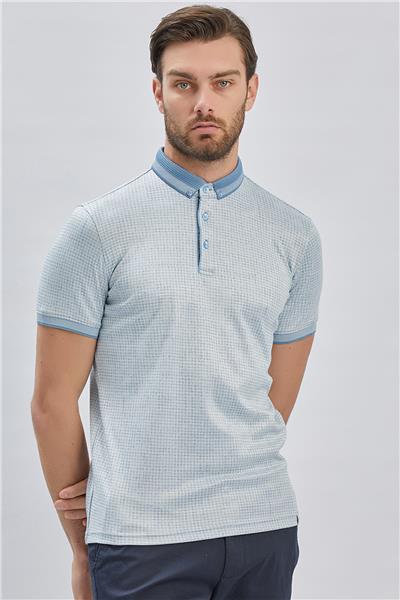 Koyu Mavi Desenli Merserize Düğmeli Yaka Pamuklu Casual Slim Fit Dar Kesim Tişört 1011240161