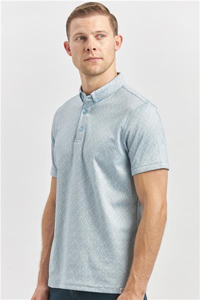 Koyu Mavi Desenli Merserize Düğmeli Yaka Pamuklu Casual Slim Fit Dar Kesim Tişört 1011240163