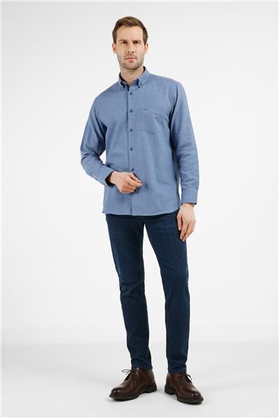 Mavi Düğmeli Yaka Uzun Kol Cepli Comfort Fit Pamuklu Gömlek 1004255234