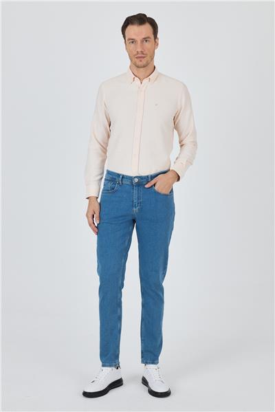 Koyu Mavi Gabardin 5 Cep Düz Paça Casual Slim Fit Pamuklu Denim Pantolon 1023250155
