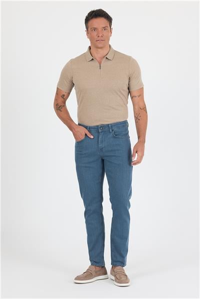 Koyu Mavi Gabardin 5 Cep Düz Paça Casual Slim Fit Pamuklu Denim Pantolon 1023250157