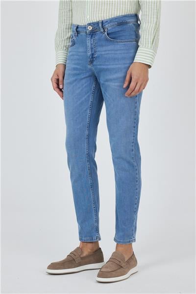 Koyu Mavi Gabardin 5 Cep Düz Paça Casual Slim Fit Pamuklu Denim Pantolon 1023250156