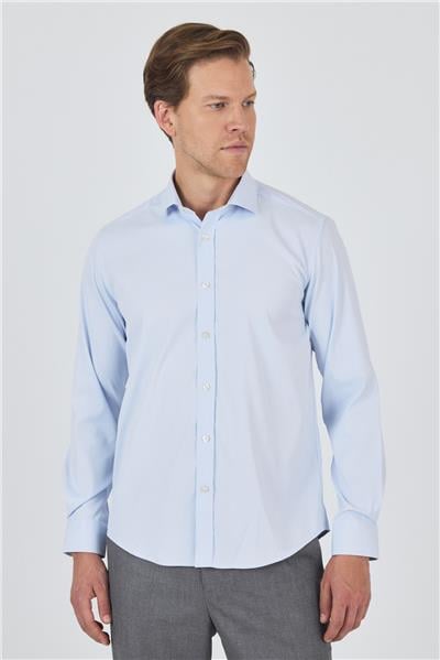 Koyu Mavi Yarım İtalyan Yaka Cepsiz Gabardin Uzun Kol Slim Fit Esnek Gömlek 1004250235