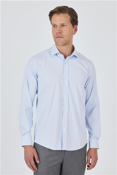 Koyu Mavi Yarım İtalyan Yaka Cepsiz Gabardin Uzun Kol Slim Fit Esnek Gömlek 1004250235