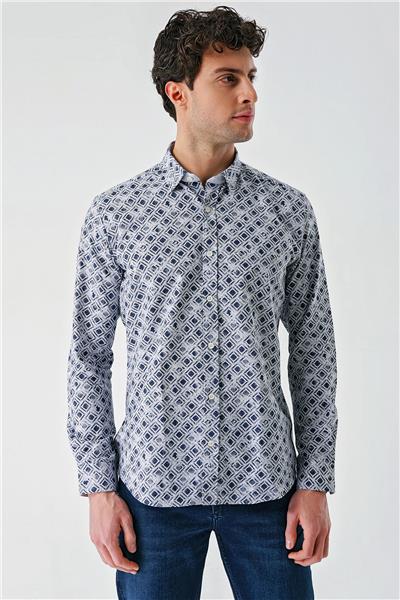 Koyu Mavi Uzun Kollu Baskılı Garnili Pamuklu Casual Slim Fit Dar Kesim Gömlek 1004240211