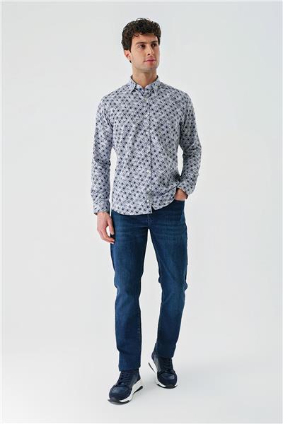 Koyu Mavi Uzun Kollu Baskılı Garnili Pamuklu Casual Slim Fit Dar Kesim Gömlek 1004240211