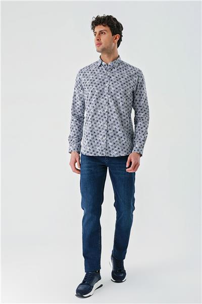 Koyu Mavi Uzun Kollu Baskılı Garnili Pamuklu Casual Slim Fit Dar Kesim Gömlek 1004240211