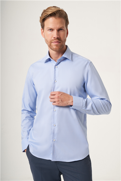Koyu Mavi İtalyan Yaka Oxford Slim Fit Kolay Ütü Pamuklu Gömlek 1004265270