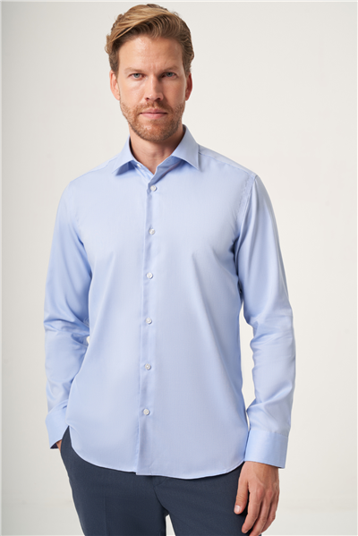 Koyu Mavi İtalyan Yaka Oxford Slim Fit Kolay Ütü Pamuklu Gömlek 1004265270