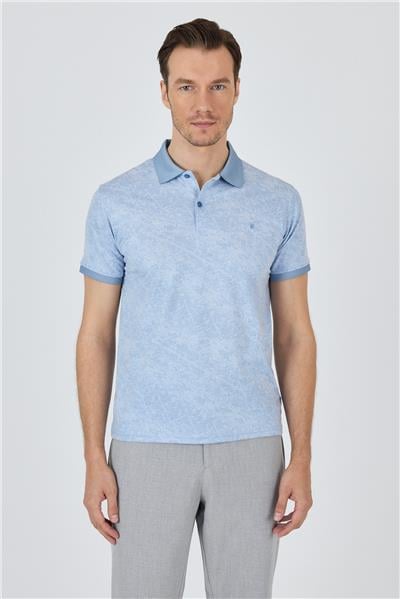 Mavi Kısa Kol Baskılı Pike Polo Yaka Cepsiz esnek Casual Slim Fit Tişört 1011250152