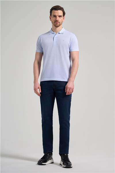 Koyu Mavi Kısa Kol Baskılı Pike Polo Yaka Cepsiz esnek Casual Slim Fit Tişört 1011250151