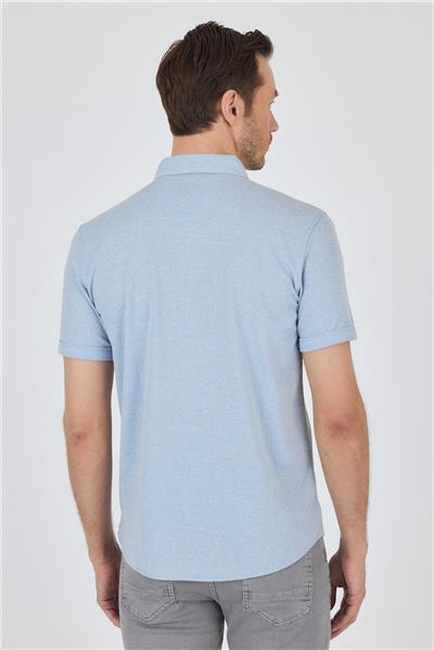 Mavi Kısa Kol Düz Örme Düğmeli Yaka Pamuklu Slim Fit Gömlek 1004250155
