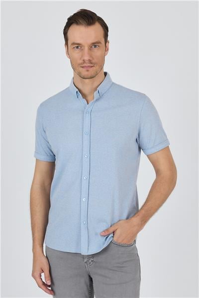 Mavi Kısa Kol Düz Örme Düğmeli Yaka Pamuklu Slim Fit Gömlek 1004250155