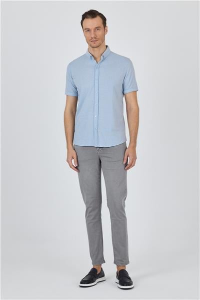Mavi Kısa Kol Düz Örme Düğmeli Yaka Pamuklu Slim Fit Gömlek 1004250155