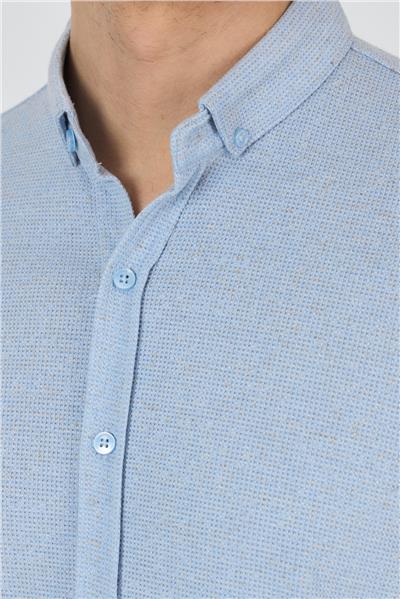Mavi Kısa Kol Düz Örme Düğmeli Yaka Pamuklu Slim Fit Gömlek 1004250155