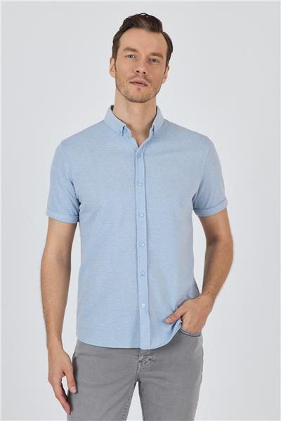 Mavi Kısa Kol Düz Örme Düğmeli Yaka Pamuklu Slim Fit Gömlek 1004250155