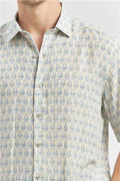 Koyu Mavi Kısa Kollu Baskılı Düğmeli Yaka Keten Casual Slim Fit Dar Kesim Gömlek 1004240241