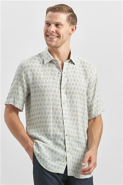 Koyu Mavi Kısa Kollu Baskılı Düğmeli Yaka Keten Casual Slim Fit Dar Kesim Gömlek 1004240241