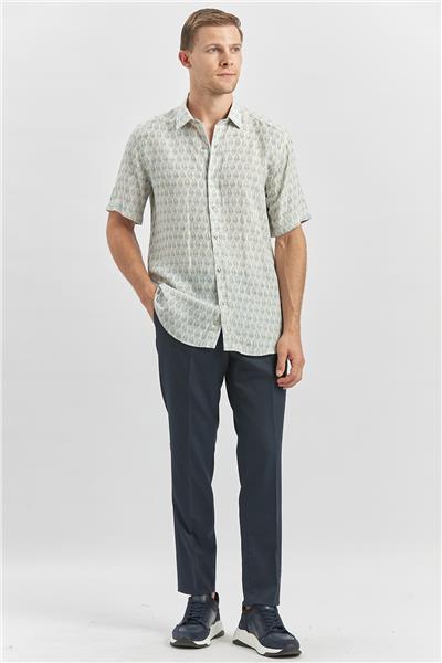 Koyu Mavi Kısa Kollu Baskılı Düğmeli Yaka Keten Casual Slim Fit Dar Kesim Gömlek 1004240241