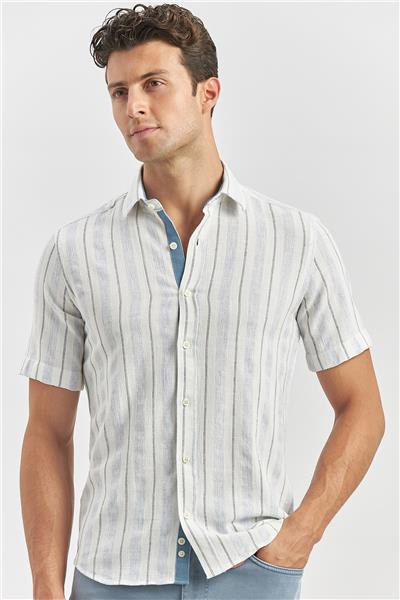 Koyu Mavi Kısa Kollu Çizgili Armürlü Pamuklu Casual Slim Fit Dar Kesim Gömlek 1004240245
