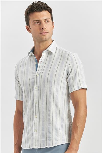 Koyu Mavi Kısa Kollu Çizgili Armürlü Pamuklu Casual Slim Fit Dar Kesim Gömlek 1004240245