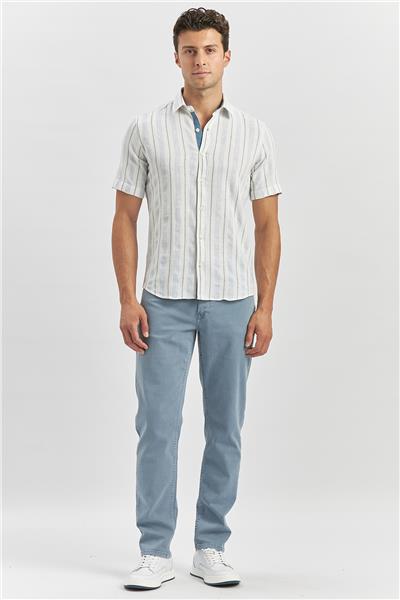 Koyu Mavi Kısa Kollu Çizgili Armürlü Pamuklu Casual Slim Fit Dar Kesim Gömlek 1004240245