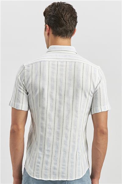 Koyu Mavi Kısa Kollu Çizgili Armürlü Pamuklu Casual Slim Fit Dar Kesim Gömlek 1004240245