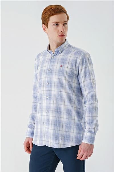 Koyu Mavi Kısalabilir Kol Cepsiz Pamuklu Keten Comfort Fit Gömlek 1004240147