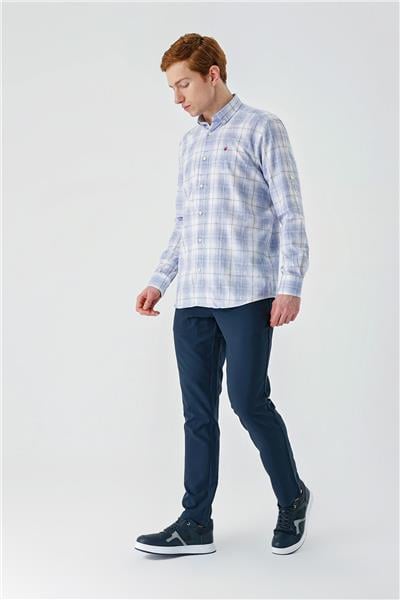 Koyu Mavi Kısalabilir Kol Cepsiz Pamuklu Keten Comfort Fit Gömlek 1004240147