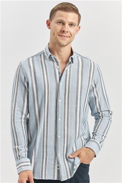 Koyu Mavi Kısalabilir Kollu Çizgili %100 Pamuk Casual Comfort Fit Gömlek 1004240246