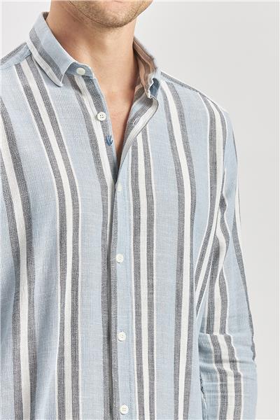 Koyu Mavi Kısalabilir Kollu Çizgili %100 Pamuk Casual Comfort Fit Gömlek 1004240246