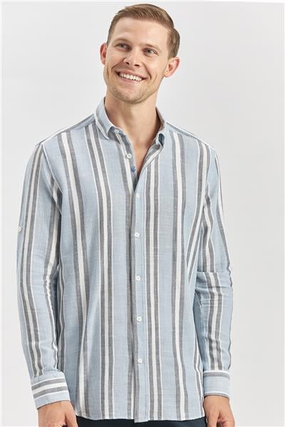 Koyu Mavi Kısalabilir Kollu Çizgili %100 Pamuk Casual Comfort Fit Gömlek 1004240246