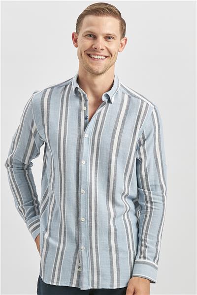 Koyu Mavi Kısalabilir Kollu Çizgili %100 Pamuk Casual Comfort Fit Gömlek 1004240246