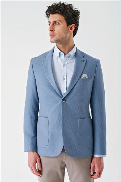 Koyu Mavi Örme Mono Yaka Çift Yırtmaç Likralı 6 Drop Slim Fit Dar Kesim Klasik Ceket 1002240138