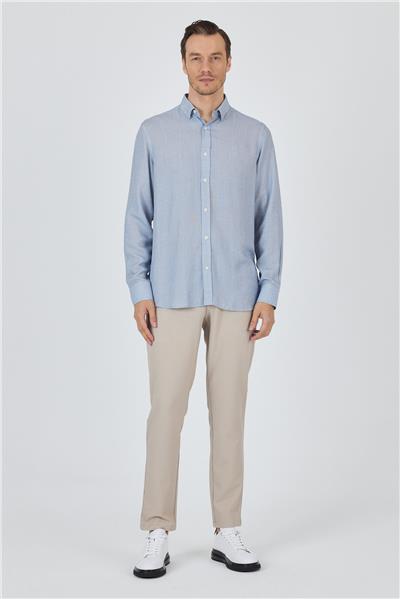 Koyu Mavi Uzun Kol Baskılı Cepsiz Keten Casual Slim Fit Gömlek 1004250112